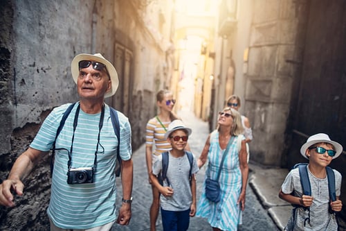 multi generation family tourists exploring city with each other in retirement
