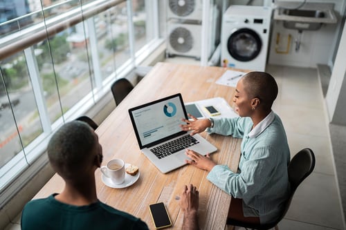 young female professional looking at a computer with a client